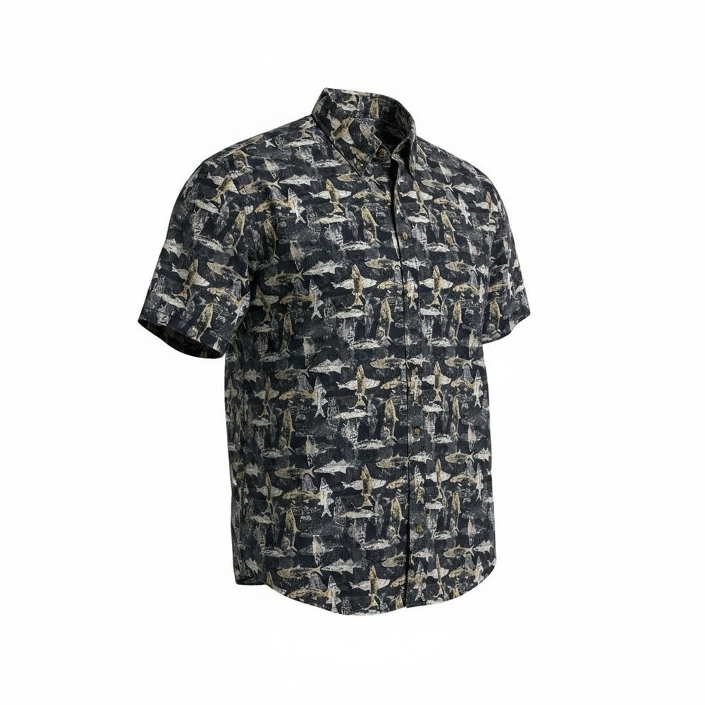 Reel Legends Fishing Shirt Mens XL Black Gray 100% Cotton Fish Print S/S Button